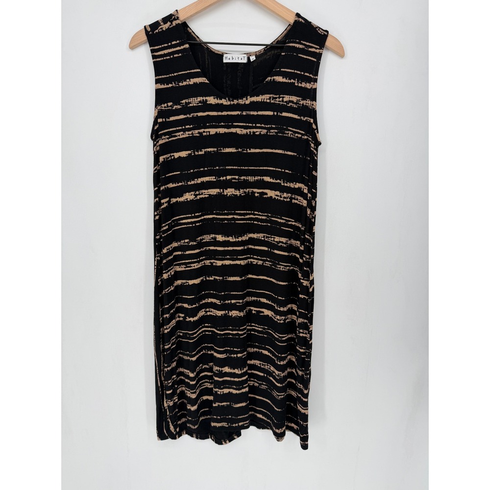 Habitat Striped Sleeveless Dress Medium Black Tan Stretch Knit Casual Lagenlook